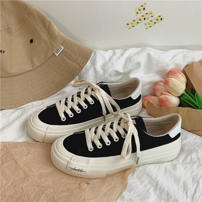 Spring 2021 Students Korean Style Canvas Shoes Women's Flat Heel Black and Low Upper Korean Style Breathable Solid Color Leisure Cloth Shoes White Shoes