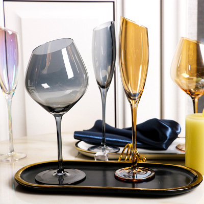 Oblique Cut Wine Set Series Household Colorful Smoky Gray Amber Red Wine Glass Goblet Champagne Glasses Restaurant Ideas Glass Wine Glass