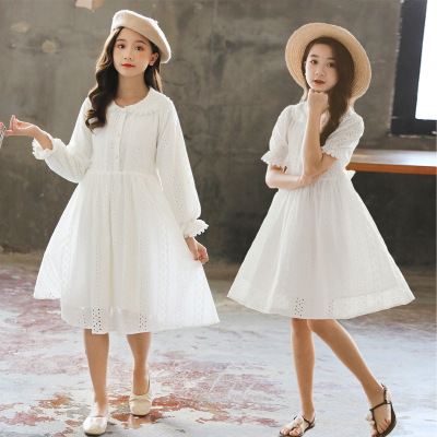 Children's Clothing Girls' Dress 2021 Summer New Medium and Big Children White Doll Collar Princess Dress Kids' Skirt Pure Cotton