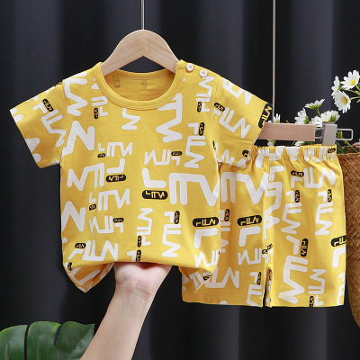 Children's Short-Sleeved Suit Cotton Girls' Summer Clothes Boys' T-shirt Baby Baby Clothes Korean Style Children's Clothing 2021 New