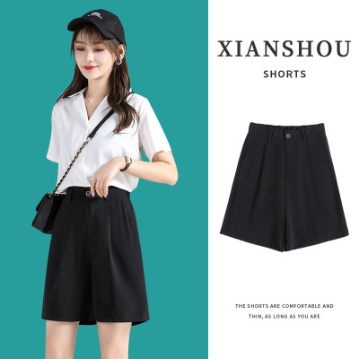 Cropped Pants Draping Effect Suit Shorts Women 2021 Summer Loose High Waist Slimming Outer Wear Wide Leg Straight Pirate Shorts