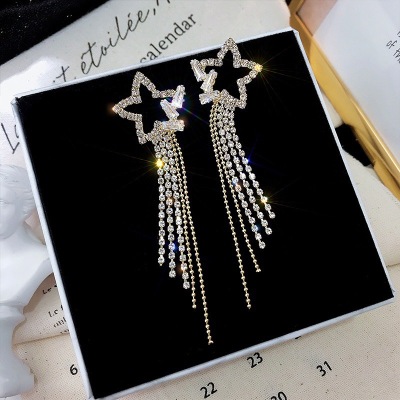 Internet Celebrity Same Style Sterling Silver Needle Long Pentagram Tassel Earrings Women's Korean-Style Personalized Rhinestone Earrings