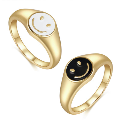 Cross-Border New Arrival Cute Smiling Face Ring Women's Simple Women's Brass 18K Gold Dripping Ring