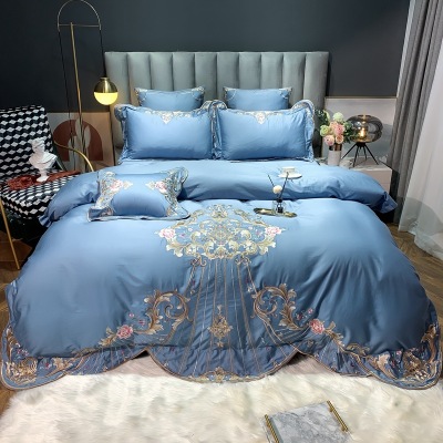 Cotton Four-Piece Long-Staple Cotton Bed Sheet Embroidery Cotton Quilt Cover Solid Color High-End Bedding Wholesale Customization