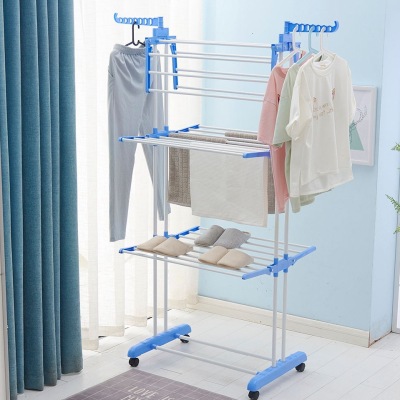 Wing-Shaped Folding Movable Floor Clothes Hanger Multi-Functional Retractable Three-Layer Indoor Towel Rack with Wheels TW-116-1