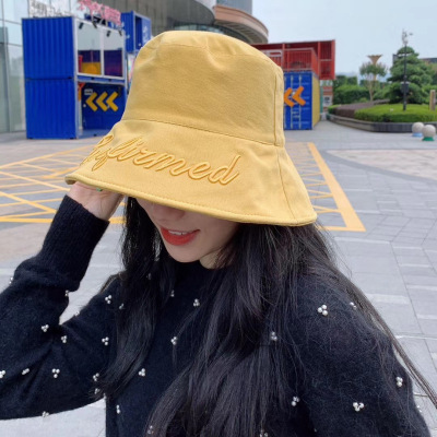 Korean-Style Three-Dimensional Embroidered English Letters Big Brim Fisherman Hat Outdoor Travel Casual Sun-Proof Foldable Sun Hat