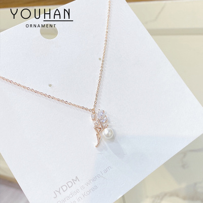 Korean Style Fashion Little Girl Necklace Female Micro Inlaid Zircon Short Pearl Necklace Special-Interest Design Student Girlfriend Gifts