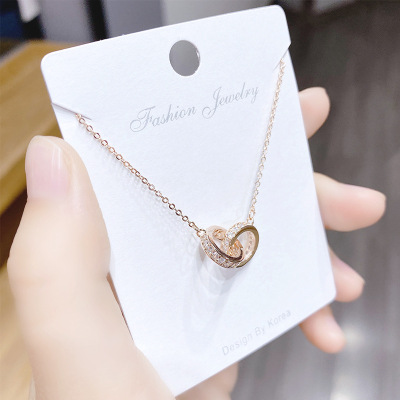 Korean Necklace Women's Fashion Korean-Style Rose Gold Ring Buckle Necklace Double Ring Diamond Inlaid Short Clavicle Chain Set Chain Women