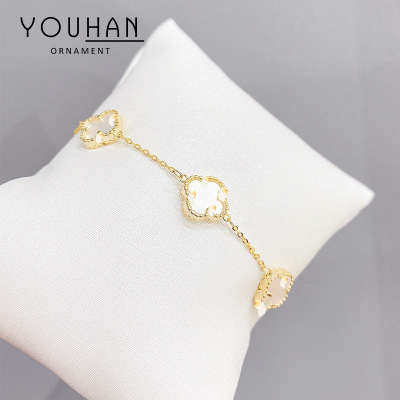 Double-Sided Shell Clover Bracelet Korean Ins Gold-Plated Inlaid Zircon Ornament