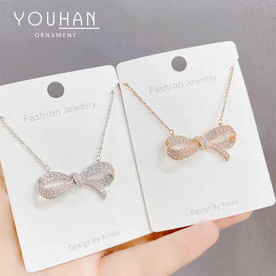 Korean Style Fashion Micro Inlay Full Diamond Bow Necklace Women's Electroplated Real Gold Clavicle Chain Rose Gold Ornament Source Factory