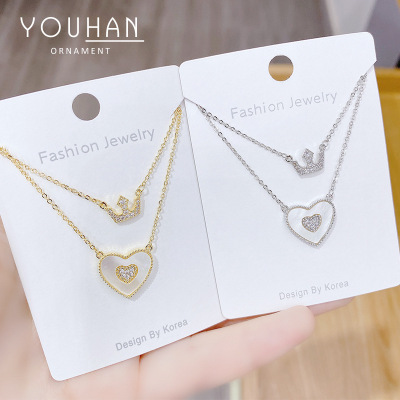 2020 New Dual Purpose Shell Peach Heart Necklace Female Full Diamond Crown Clavicle Chain Internet Celebrity Live Broadcast Same Style Accessories Wholesale