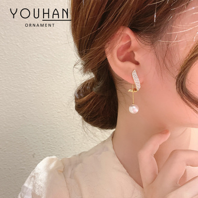 Dongdaemun Pearl Stud Earrings for Women Sterling Silver Needle Fine Zircon-Embedded Earrings One Style for Dual-Wear Eardrops for Women Earring Ornament