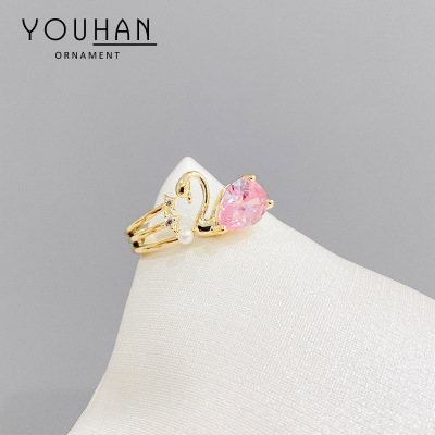 Japanese and Korean Temperamental Micro Inlaid Zircon Swan Open Ring Adjustable Simple Personality Ring Internet-Famous Index Finger Ring Female