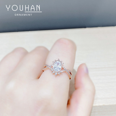 Korean Dongdaemun Fashion Simple Style Oval Zircon Super Flash Ring Open Ring Online Influencer Refined Index Finger Ring