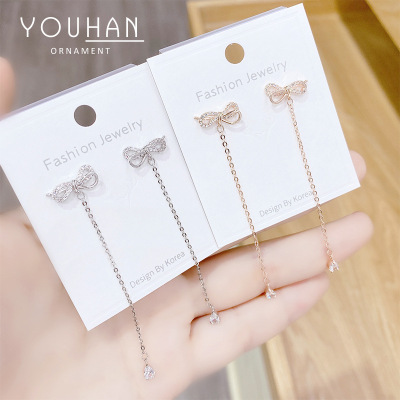Mori Sweet Fashion New Bow Sterling Silver Needle Stud Earrings South Korea Dongdaemun Tassel Long Earrings Women