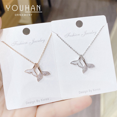 Mori Style Girls Partysu Fashion All-Match Mermaid Tail Necklace Full Diamond Dolphin Tail Clavicle Chain Necklace Wholesale