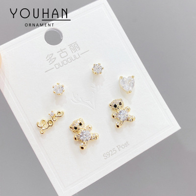 One Card Three Pairs Combination Set Fashion Design Personality Three-Piece Suit Ear Studs Sterling Silver Needle Earrings Female Earrings