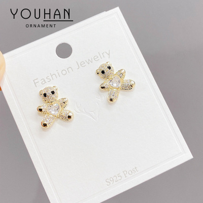 Korean S925 Silver Piercing Earrings Small Female Simple Stud Earrings Zircon Peach Heart Cute Bear Ear Studs Earrings Female
