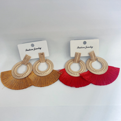 European and American Fashion Alloy Ring Multi-Layer Raffia Fan Tassel Earrings Bohemian Ethnic Style Jewelry