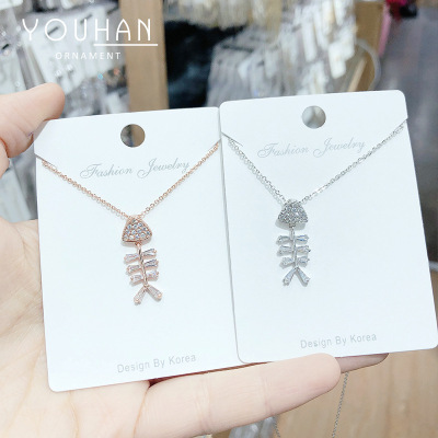 Simple All-Match Japanese and Korean New Personalized Pendant Women's Necklace Micro Rhinestone Zircon Fishbone Clavicle Chain One Piece Dropshipping