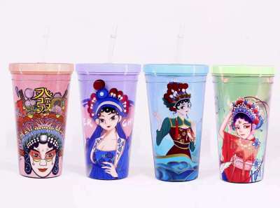 National Fashion Flat Lid Plastic Sippy Cup Chinese Style Ice Cup
