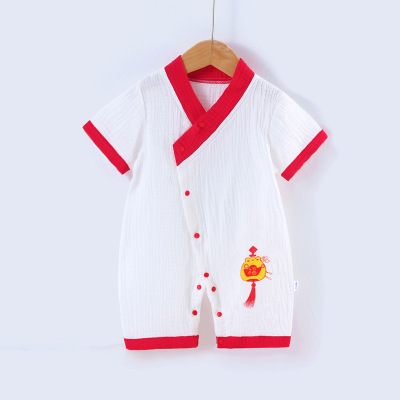 Romper Chinese Style Han Costume Romper for Boys and Girls New Newborn Cotton Gauze Summer Short-Sleeve Baby Jumpsuit