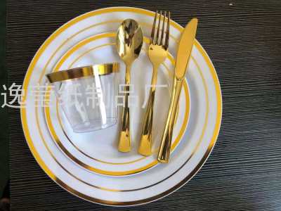 Disposable Plastic Knife, Fork and Spoon High-Grade Thick Transparent Electroplated Rose Gold Style