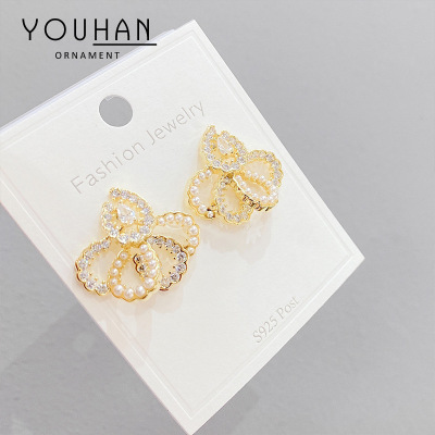 Korean Dongdaemun Geometric Full Diamond Ear Clip Fashion French Pearl Stud Earrings Women's Retro Sterling Silver Needle Temperament Earrings