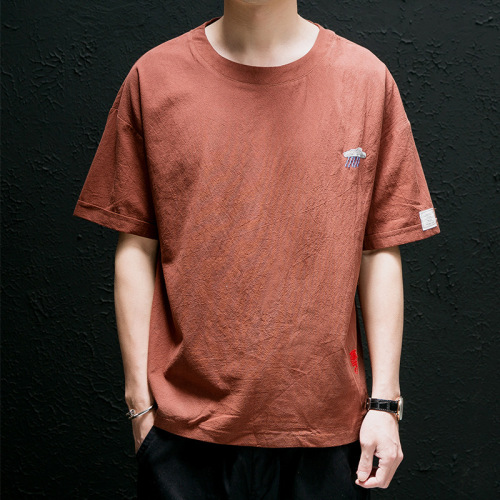 linen short-sleeved t-shirt men‘s summer embroidery solid color thin cotton and linen loose large size men‘s round neck t-shirt top fashion t