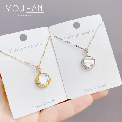 Micro Inlaid Zircon White Mother Shell Star and Moon Necklace Fashion Elegant Shell Star Moon Clavicle Chain Jewelry One Piece Dropshipping