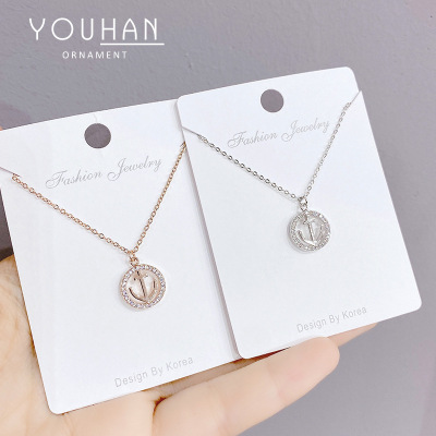 Europe and America Cross Border Popular Navy Style Full Diamond Boat Anchor Necklace Women's Full Diamond Clavicle Chain Titanium Steel Necklace Jewelry