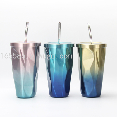 500ml Coffee Cup with Straw Diamond Cut Surface Stainless Steel Coffee Cup Fashion Water Cup
