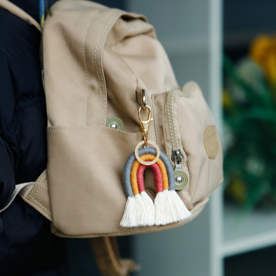 Nordic Style Pendant Bohemian Tassel Bag Ornaments Handmade Weaving Ethnic Style Hot Selling Rainbow Keychain