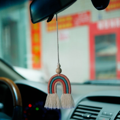 Nordic Style Hand-Woven Rainbow Automobile Hanging Ornament Wooden Bead Cotton String European and American Style Car Aromatherapy Ornaments Factory Customization