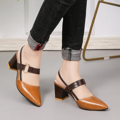 British Style Sandals for Women Summer 2020 New All-Match High Heel Thick Heel Toe Box Simple Pointed-Toe Hollowed Pumps Women