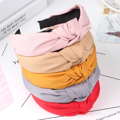 Korean Style High-End Hair Accessories New Solid Color Fabric Craft Crossed Headband Headdress Wholesale Simple All-Match Wide-Brimmed Knotted Headband