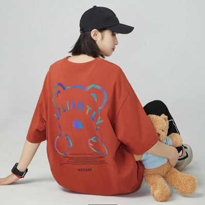 2021 Spring and Summer New Cartoon Bear Printed T-shirt Female Couple Colorful Reflective Couple Short Sleeve T-shirt