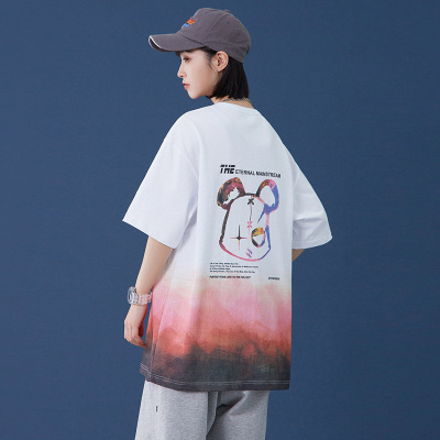 2021 New Gradient Short-Sleeved T-shirt Female Spoof Bear Print National Fashion Oversize Couple T-shirt