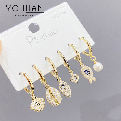 Earrings for Women Korean Style Trendy Earrings One Card Three Pairs Earrings Set Environmental Protection Electroplating Real Gold Ear Rings Source Factory
