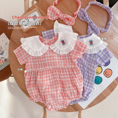 Baby Plaid Romper with Hair Band for Free Baby Girl's Western Style Doll Collar Romper Baby Short Sleeve Rompers Thin Ml154