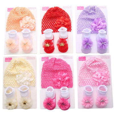 New Breathable Solid Color Chiffon Flower Baby Hat Socks European and American Cute Princess Bowknot Newborn Suits