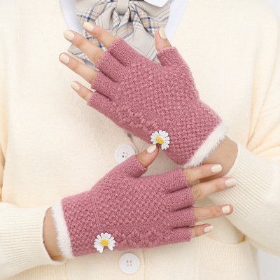 Little Daisy Half Finger Gloves Women's Winter Warm Korean Style Knitted Wool Cute Student Writing Open Finger Half Gloves