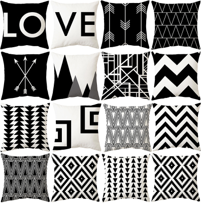 Pillow Cover Customized Black and White Geometry Series Sofa Cushion Cover Peach Skin Fabric Short Plush Printed Waist Support Pillowcase Cross-Border