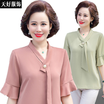  Mom's Shirt Summer  Short Sleeve Pure Color Tied Temperament Youthful-Looking Large Size Middle-Aged Women's Shirt
