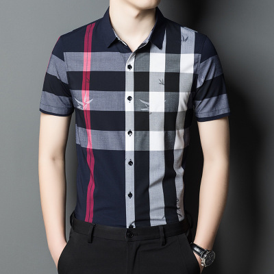 2021 Summer Fashion City Trendy Men's Clothing Shirt New Polo Collar Non-Ironing Thin Short-Sleeved Plaid Shirt