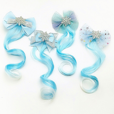Frozen Aisha Children Princess Wig Hair Accessories Snowflake Light Diamond Bow Barrettes Curly Hair Wigs Four H