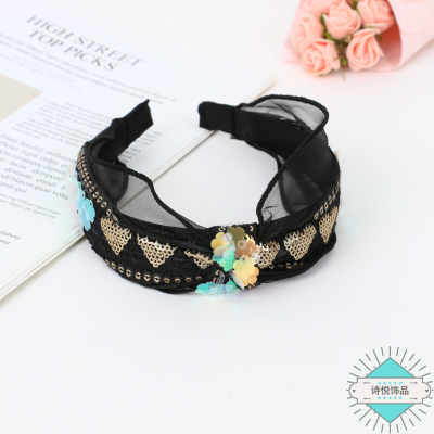 Petal-Shaped Sequins Embellished Personality Knotted Hair Hoop Face Washing and Going out Headdress Fabric Knot in the Middle Fresh Headband