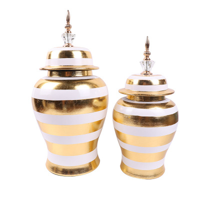 Gold-Plated White Stripe Color Temple Jar Lid Jar Storage Jar Art Decoration Jingdezhen Ceramic Pot in Stock Wholesale