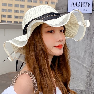 Hat Summer Sun Protection Straw Hat for Women New Seaside Beach Wavy Lace Ribbon Versatile Fashion Sun Hat