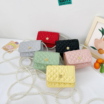 2021 Summer Children's Bags Candy Color Pu Indentation Girls' Coin Purse Pearl Chain Shoulder Messenger Bag
